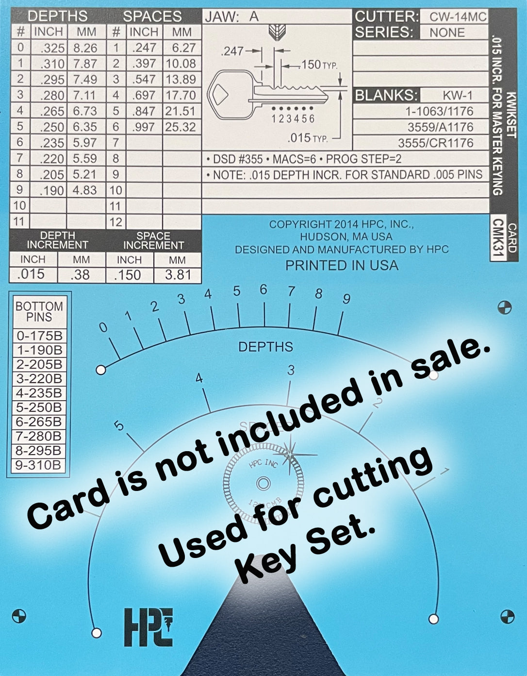 Kwikset KW1 .015 Increment ~ Space and Depth Keys ~ DSD#355, CMK31